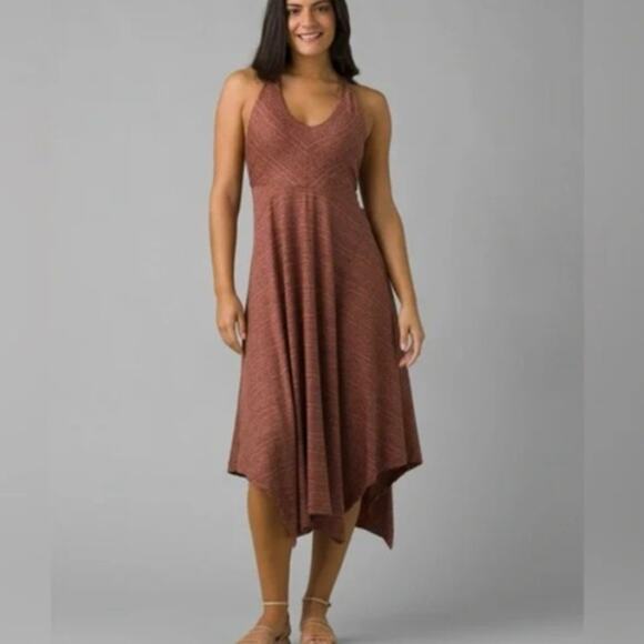 Prana Neutral Brown Racerback Cut Out Asymmetrical Midi Saxon Dress Large Sporty - Picture 1 of 8
